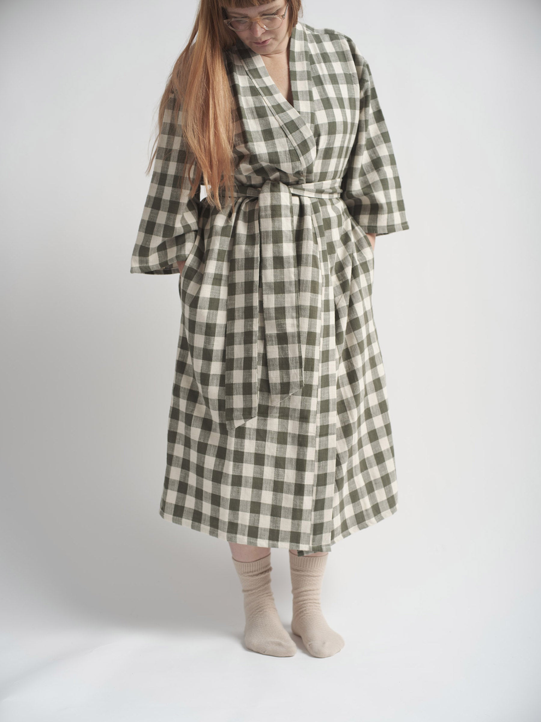 Organic Cotton Dressing Gown - Gingham in Pine